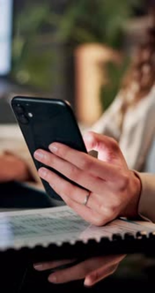Hands, woman and typing with phone in office for stock market, financial increase and investment