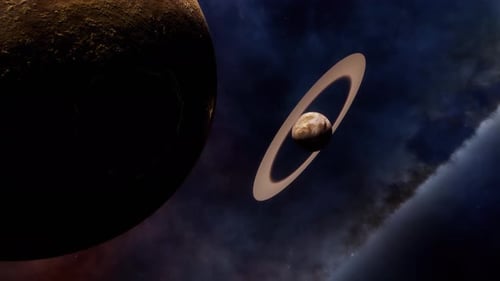 Animated Rings Planet and Large Planet in Cosmic Space