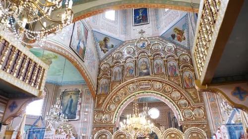 07. Interior, architecture of the Orthodox church with painting, iconostasis and panikadylo.