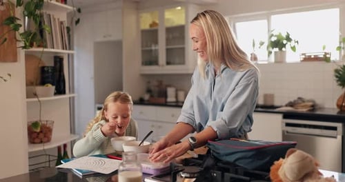 Family, child and mom packing lunch box in home with sandwich, bag and food for back to school