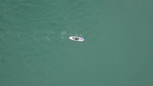Aerial view with paddleboarder advancing while standing on his board. Tracking
