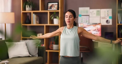 Fitness, woman and stretching in home office for body health, wellness or training preparation