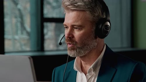 Elderly Caucasian Businessman Talking Headset Call Center Operator Consulting Man Guy Male Use