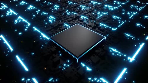 Futuristic Microchip CPU on a Cyber Circuit Board with Glowing Blue Data Trails