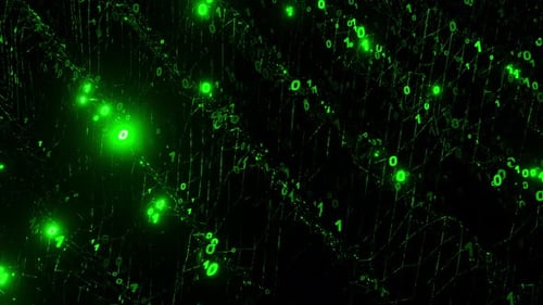 Binary matrix of green ones and zeros rotating and flashing. Digital background concept