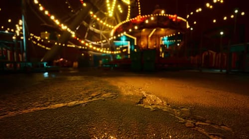 Nighttime Amusement Park with Lit Attractions and Silent Pathways