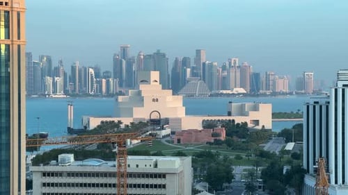 Morning sunrise Doha capital city Qatar skyscrapers buildings skyline