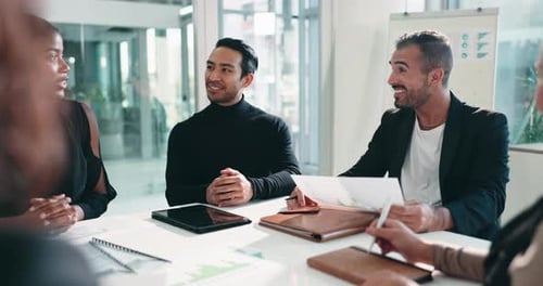 Applause, meeting and business people in office with documents for investment approval