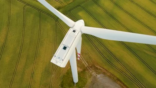 Windmill Turbines Produce Renewable Energy in Wheat Field view from Top ,Close Up