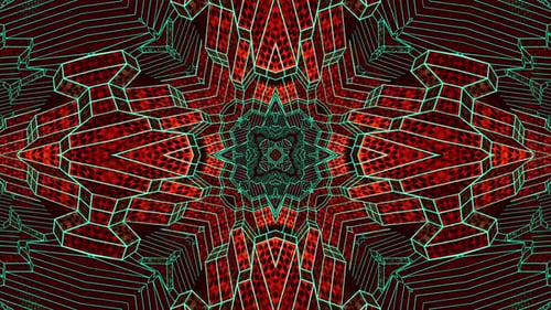 Very colorful and intricate design on red background with green center. Kaleidoscope VJ loop