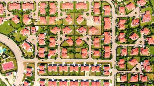 New development real estate. Aerial view of residential houses and driveways neighborhood during sun