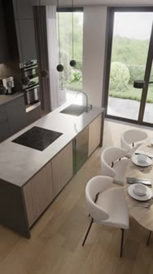 Kitchen-dining room, room in a modern minimalist style. Open space. 3D rendering. Vertical format