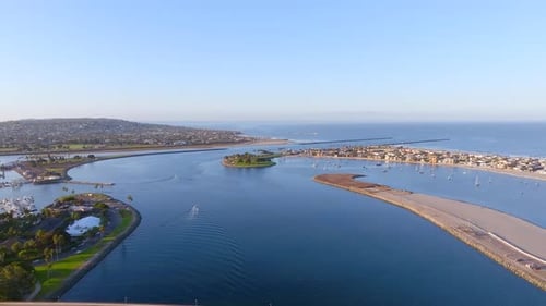 Aerial view of a bridge and coast, United States.