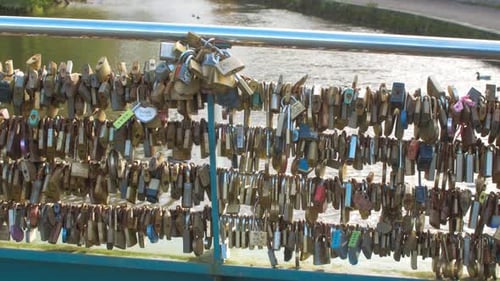 Close up lots of padlocks connected to railings close up
