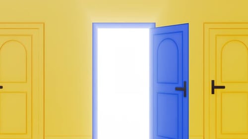 Light shone from the open door, a blue door in yellow room studio. Filling the room with bright