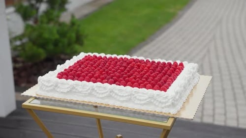 Raspberry cake with white frosting on gold table