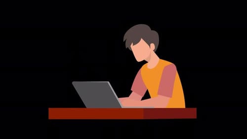 Flat Design Animation of Person Working on Laptop with Clock