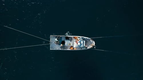 Fischer in kleinen Booten, die Sardinen und Seefische im Meer schleppen