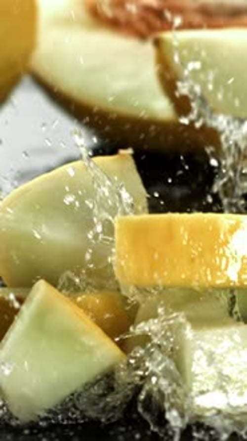 Des morceaux de melon tombent sur une surface mouillée, filmés par une caméra à haute vitesse à 1000 images par seconde