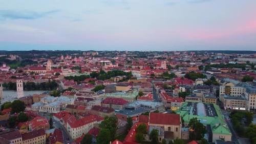 Panorama Of Medieval Old Town Of Vilnius, Lithuania. Aerial Drone Shot