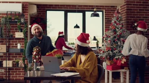 Office Employees Exchanging Presents at Work