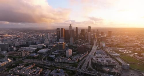 Aerial of downtown Los Angeles in dawn.