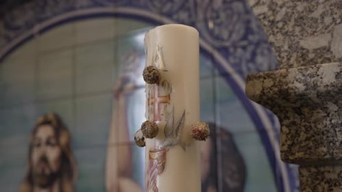 Close up of a Decorated Religious Candle