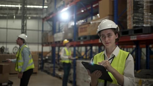 Blue collar workers are working at warehouse.