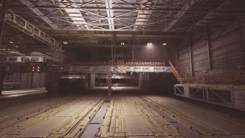 Hangar vacío con decorados industriales y una atmósfera llena de humo