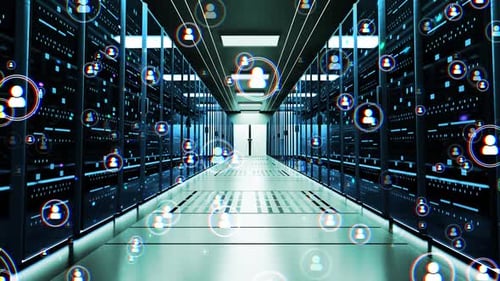 Digital Animation of People Icon Popping on the Screen with Data Server Room