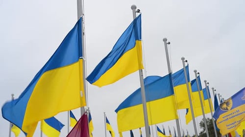 Waving Ukrainian Flags Under Cloudy Skies