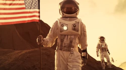 Two Astronauts Explore Mars/ Red Planet. One Cosmonaut Carries American Flag. Technological Advance
