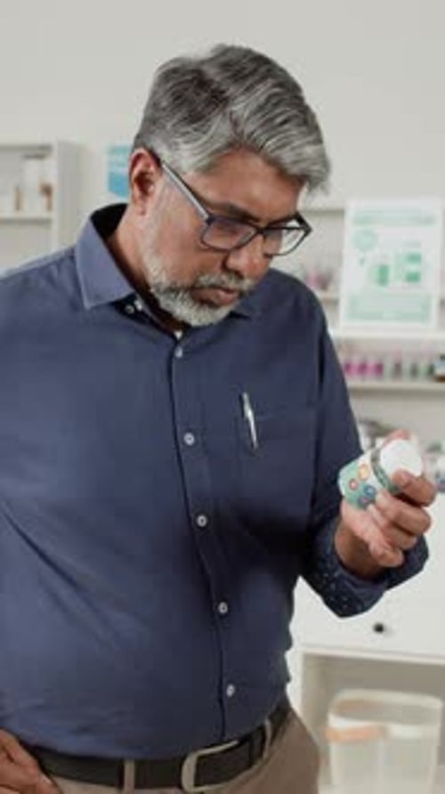 Customer using Smartphone while Choosing Medication in Drugstore Vertical