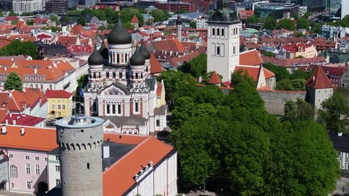 Tight Aerial View Above Tallinn, Estonia Old Town
