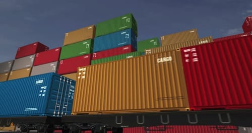 Cargo transport import export containers on cargo train wagons loop