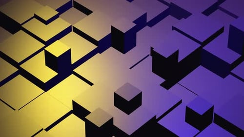 Abstract background with moving blocks and yellow and purple lights on surfaces , 4k , 60 fps