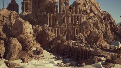 Aerial View of Coastal Temple on Sandy Dunes with Weathered Features