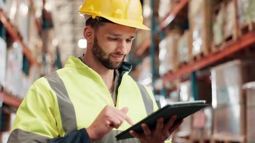 Inspection, stock or storage and man with tablet in warehouse for commercial shipping