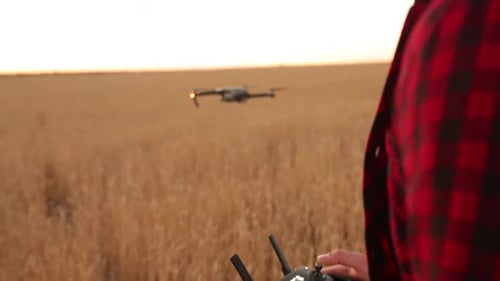 Farmer Hands Hold Remote Controller with His Hands While Quadcopter is Flying on Background Drone