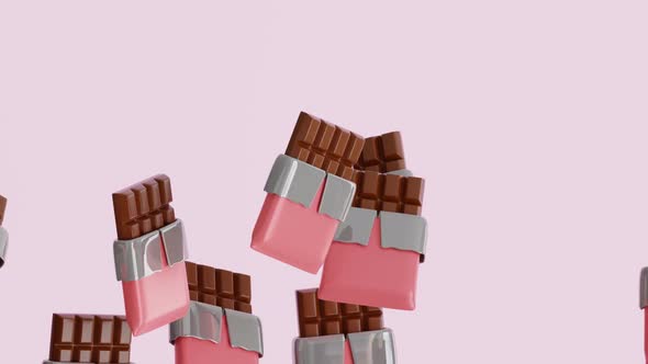 3D animation of chocolate bars in pink wrappers floating in the air ...