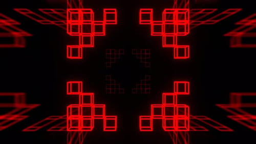 VJ Loop In 4K Hintergrund mit blinkenden geometrischen Würfelmustern in Rot, Blau und Orange