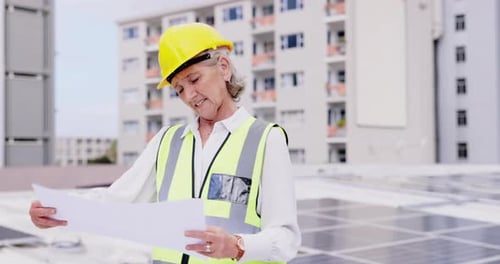 Roof, solar panels or woman in engineering with blueprint of construction