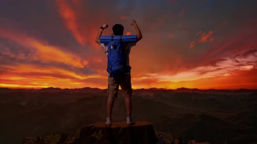 Male Screaming Goal Celebrating The Success On Top Mountain