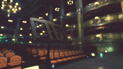 An Empty Auditorium with Rows of Seats and Lights