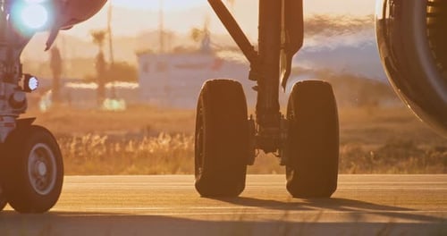A Closeup of the Wheels of the Plane Traveling on the Runway of the Airport