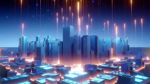 Paisaje urbano futurista con rayos de luz brillantes