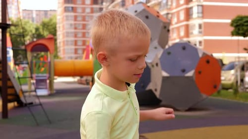 A Small Boy on a Playground in the Courtyard of a Modern Residential Complex