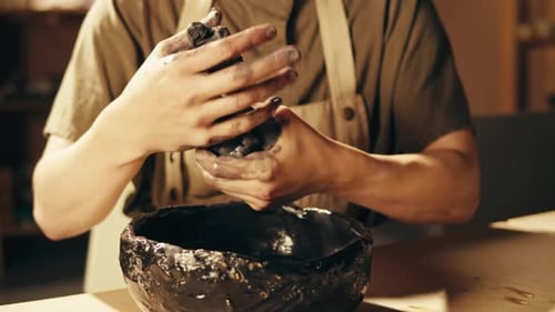 Woman Potter Works with Clay on Master Class in Studio Working Process in Ceramic Workshop Potter