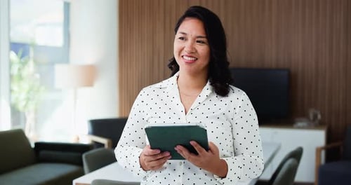 Happy, business and woman on tablet in office with pride for finance review, research and website