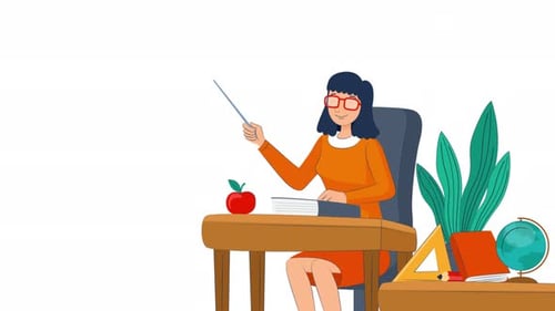 Modern Cartoon Teacher Explaining at Desk with School Supplies